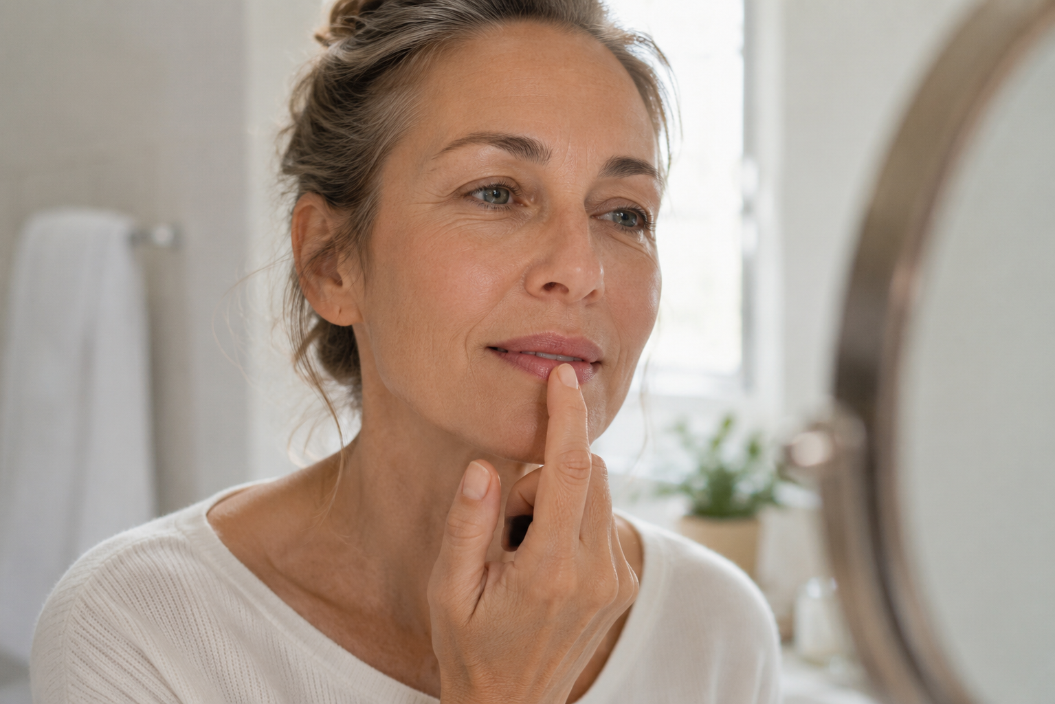 Woman applying ClaraVive Hyaluron Bloom in the mirror